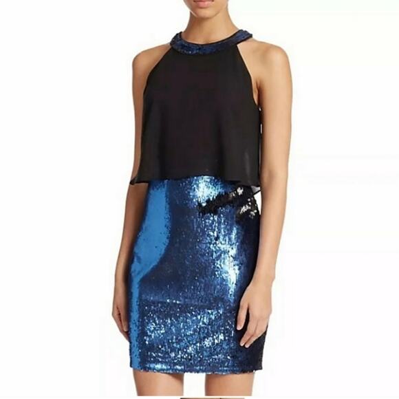 GUESS Sequins Blue Black Bodycon Dress Halter Peekaboo Black Cocktail 8 Medium - Picture 1 of 11